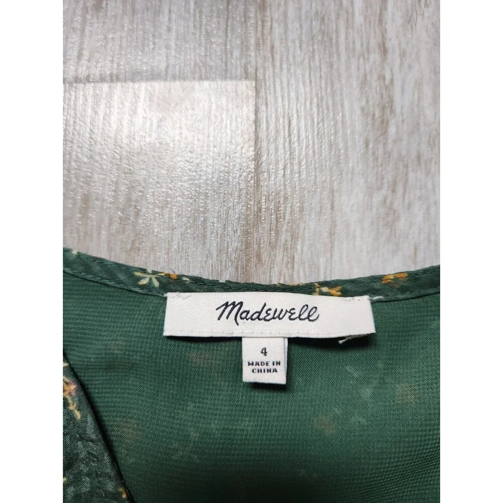 Madewell 100% Silk Floral Blouse Women 4 Green Puff Sleeve Button Front Top EUC